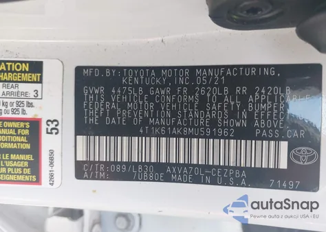 2021 Toyota Camry Xse из США, поврежденный, VIN 4T1K61AK8MU591962